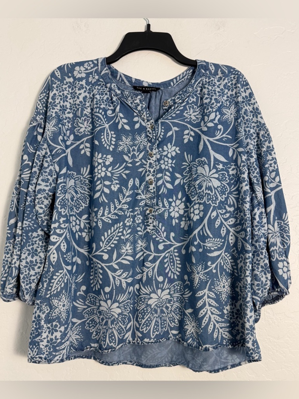 Zac & Rachel Women's Large Blouse Blue/White Floral Boho Flowy Comfort Wear